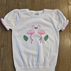 Janie and Jack Tropical White Short Ruffle Sleeve Shirt with Pink Flamingos Sz 8